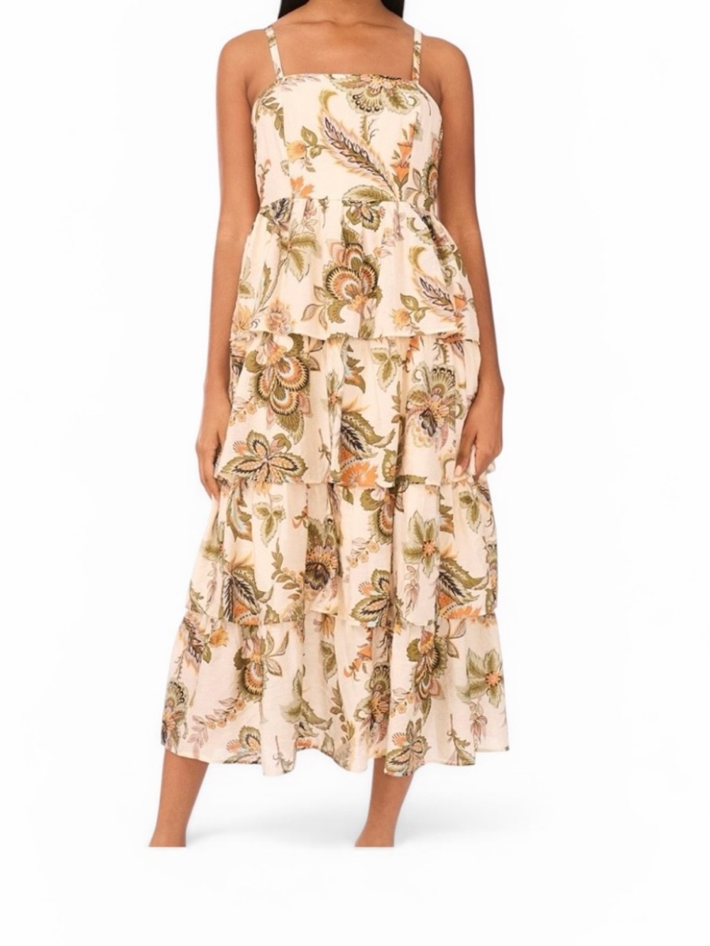 MSK White Olive Floral Tiered Ruffle Summer Wedding Midi Dress sz XL NWT